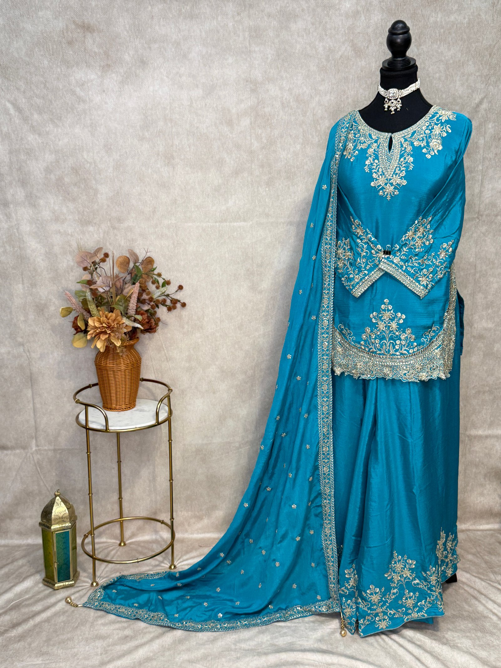 Royal Turquoise Blue Embroidered Sharara Suit Set